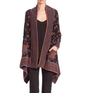 Nanette Lepore Bianca Jacquard Black Copper Purple Patterned Wool Cardigan Large